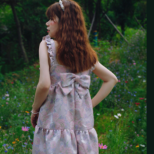 千叶鹿原创 夏设计吊带连衣裙子 粉紫玫瑰提花荷叶边萝莉蓬蓬无袖
