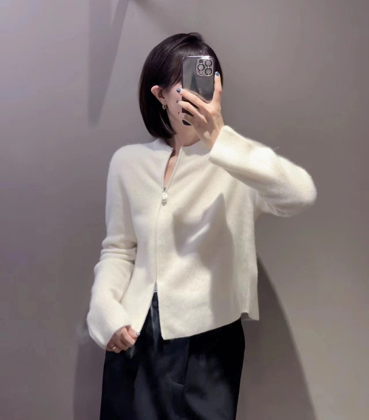 2025秋冬新款ES同款圆领珍珠扣双开拉链羊绒宽松显瘦针织开衫女