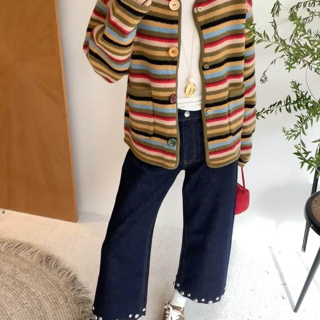 小众设计LO彩扣撞色条纹针织开衫+1M撞钉靛蓝水洗高腰牛仔九分裤