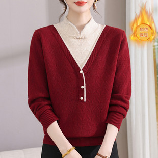 本命年妈妈冬装国风红色针织上衣2025新款中老年女装加绒加厚毛衣