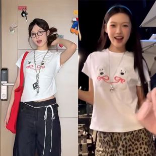 甜辣妹上衣 福娃同款 贴布小狗正肩短袖 t恤女夏设计感修身 显瘦短款