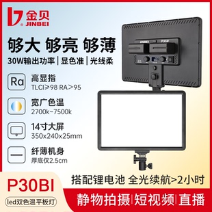 金贝P30BI摄影补光灯led直播可调色温平板灯便携户外夜景手持打光灯人像美食美妆饰品氛围灯双供电源常亮灯