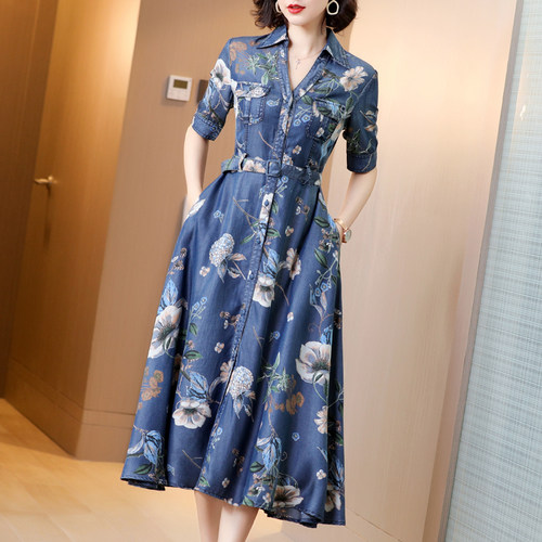 贵夫人夏季新款天丝印花牛仔裙子