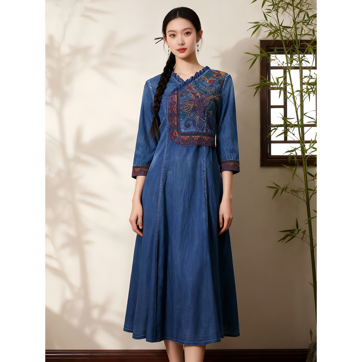 【特惠价】重工刺绣牛仔连衣裙女