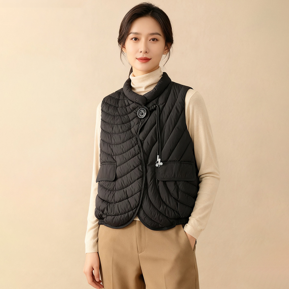 2025巨好看黑色羽绒马甲外套女