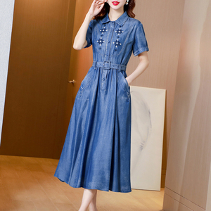 2026年夏季新款天丝牛仔连衣裙女夏薄款腰带收腰牛仔裙到脚踝长裙