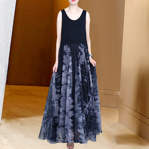 贵夫人阔太太高贵减龄高端洋气无袖背心印花网纱拼接连衣裙女夏