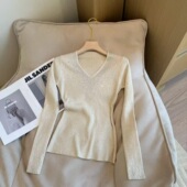 保暖打底K2 时尚 氛围感烫钻V领修身 上衣长袖 好看百搭时尚 冬季