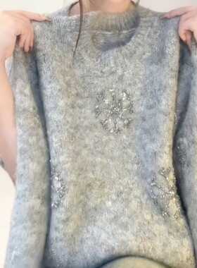 冬季新款灰色雪花圆领毛衣宽松软糯减龄百搭针织衫上衣LK2509641