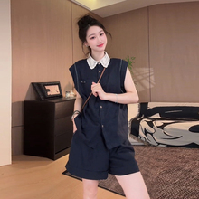 法式时尚套装女2025超火两件套夏装高级感polo领无袖上衣阔腿短裤