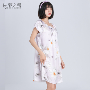 公主裙夏娃娃裙 100%真丝睡裙紫色印花宽松睡衣女桑蚕丝家居服大码