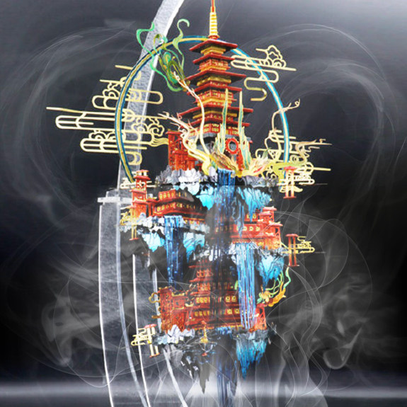 艺模正品蓬莱仙岛3d金属拼装拼图模型中国风古建筑选配喷雾展示台