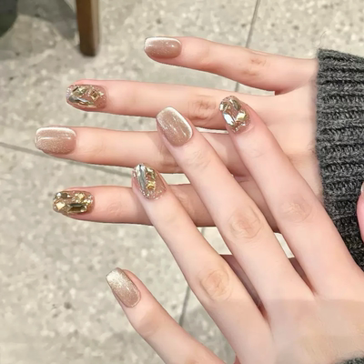 穿戴甲裸色手工猫眼短款美甲指甲