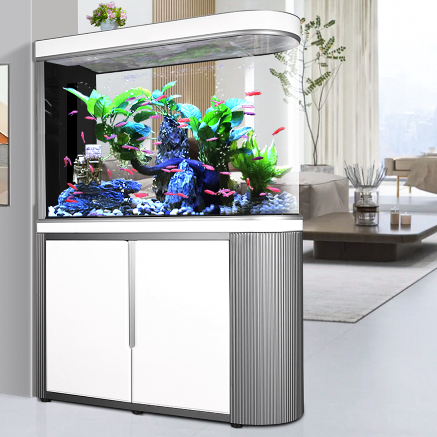 子弹头玻璃超白鱼缸隔断屏风款落地上下底过滤循环水族箱2026新款