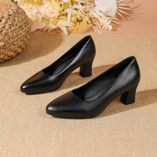 圆头粗跟黑色工作鞋女皮鞋久站不累软底职业高跟鞋面试公务员单鞋