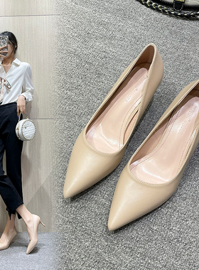 裸色高跟鞋女2025年新款尖头细跟5cm软皮工作鞋3CM小跟猫跟单鞋女