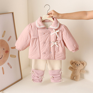 女宝宝冬季 翻领蝴蝶结棉服婴幼儿甜美保暖两件套 粉色夹棉洋气套装