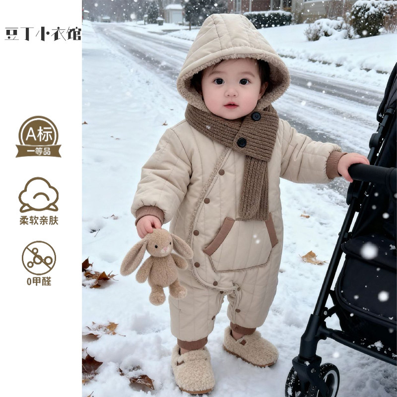 韩版婴儿连体衣羊羔绒加厚连帽外套男女宝宝美拉德哈衣爬服外出服