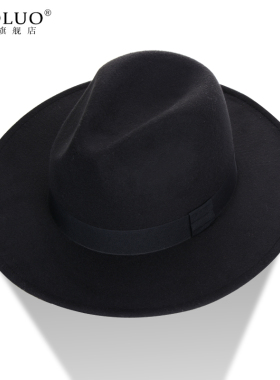 黑色英伦宽檐礼帽秋冬季女士爵士帽大檐男上海滩帽毛呢绅士大毡帽