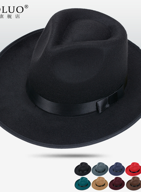 上海滩大沿礼帽男女爵士帽黑色帽子复古中老年人春秋冬毛呢帽绅士