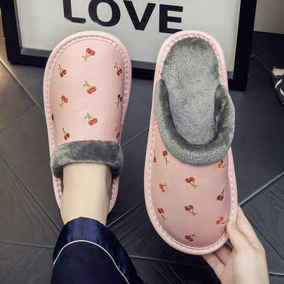 秋冬季不臭脚绣花室内牛皮棉拖鞋