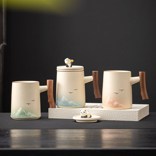 新款熊猫茶水分离带盖马克杯