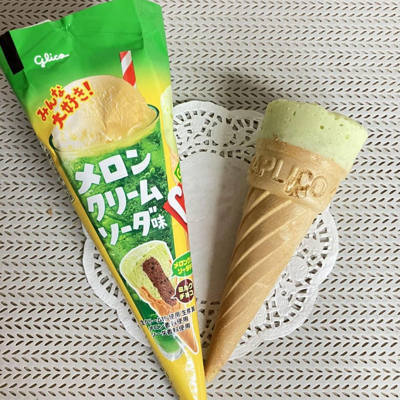 日本本土GLICO格力高宝宝儿童哈密瓜奶油味甜筒造型夹心饼干零食