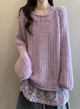 紫色蕾丝拼接挂脖毛衣女春秋2025大码胖mm中长款遮屁股上衣针织衫