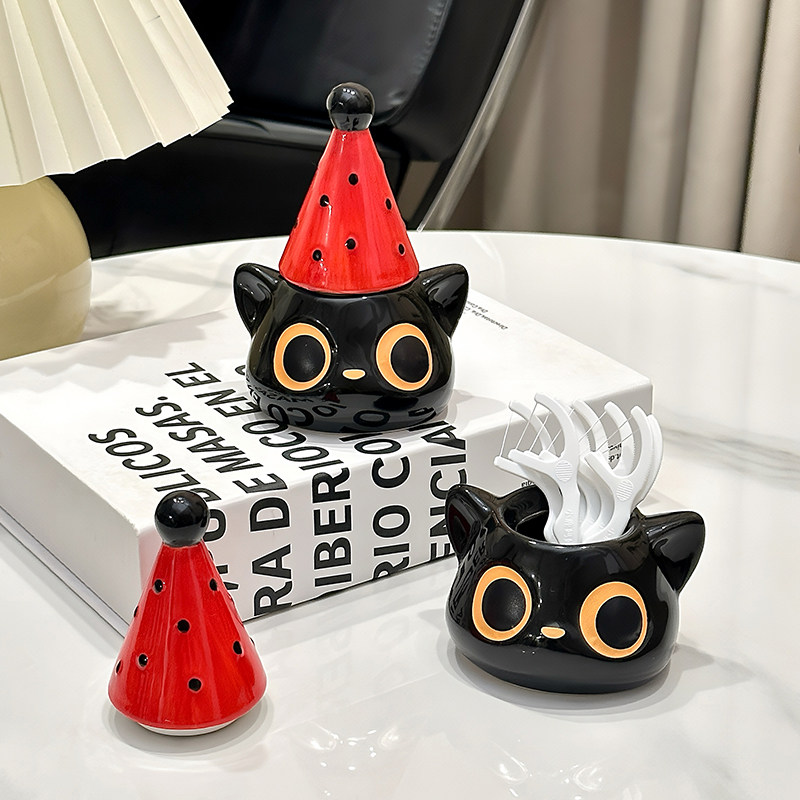 圣诞小猫陶瓷牙签盒家用可爱牙签筒创意牙线棉签盒收纳罐摆件,收纳整理,牙签盒,淘宝优惠券,粉丝福利购,淘宝优惠卷