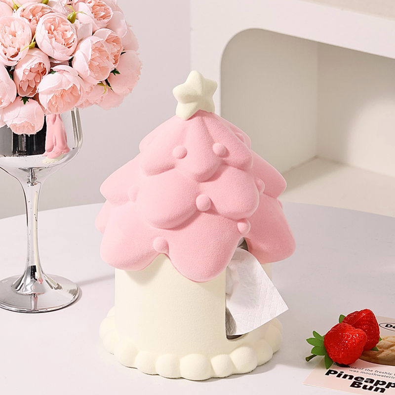 圣诞树植绒树屋纸巾盒摆件轻奢高档家用餐桌客厅陶瓷抽纸纸抽盒