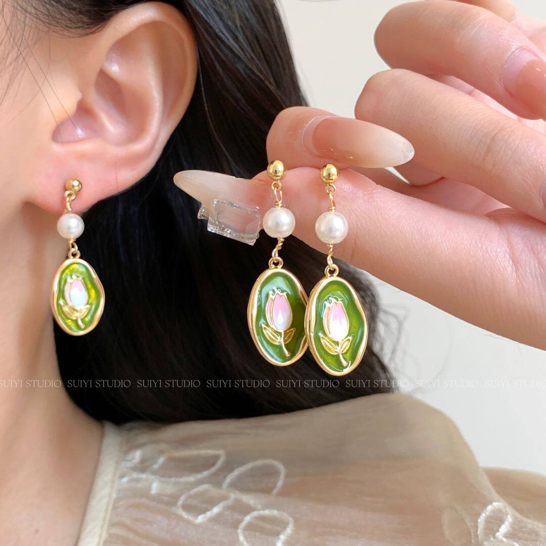 SUIYI 郁金香珍珠滴釉耳环女气质油画风小众耳钉无耳洞蚊香盘耳夹