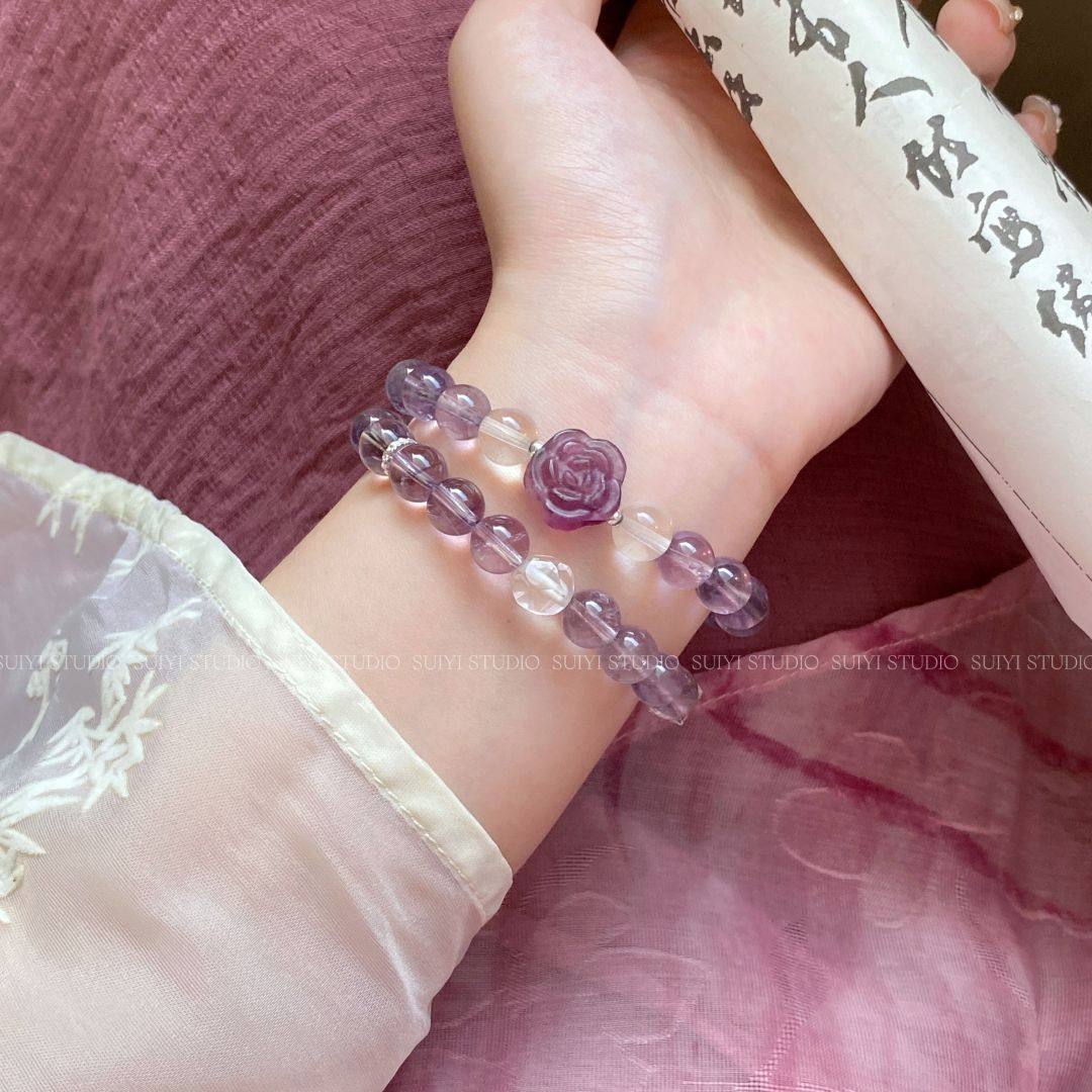 SUIYI 烟紫花朵 天然紫萤石紫水晶双圈手链女温柔气质风花朵串珠