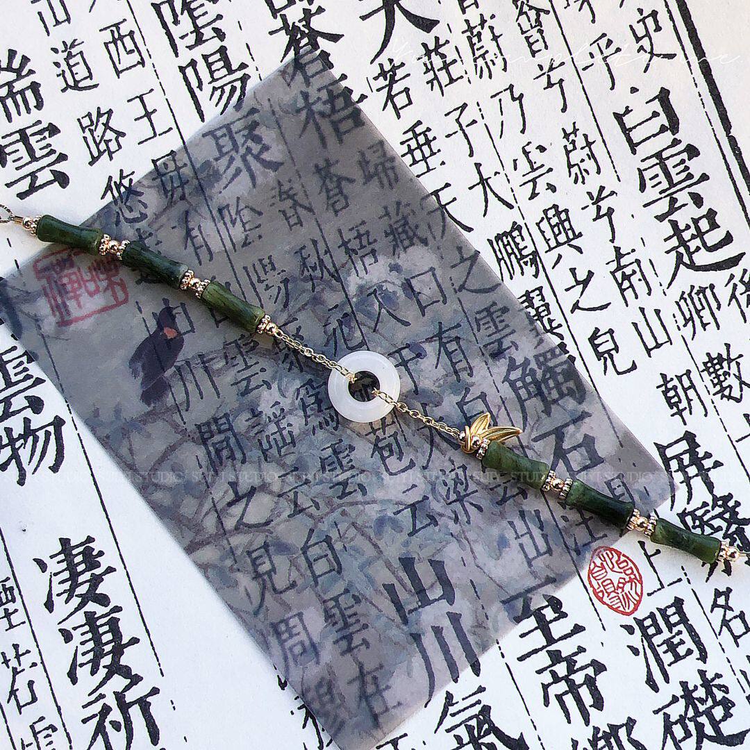 SUIYI 新中式竹节手链女国风橄榄石小众手串天然和田玉平安扣配饰