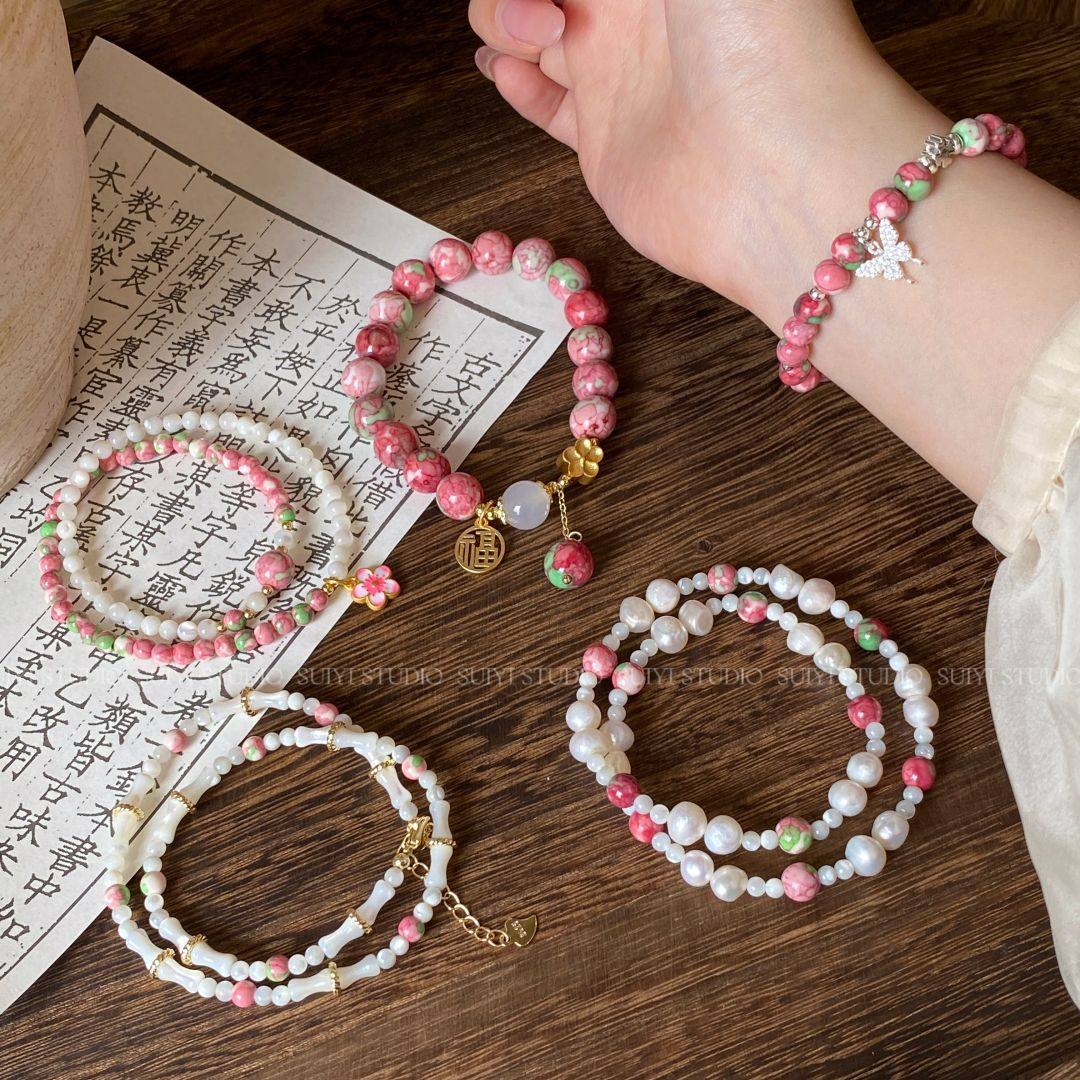 SUIYI 新中式雨彩石马蹄螺手链女樱花粉淡水珍珠串珠小众叠戴配饰