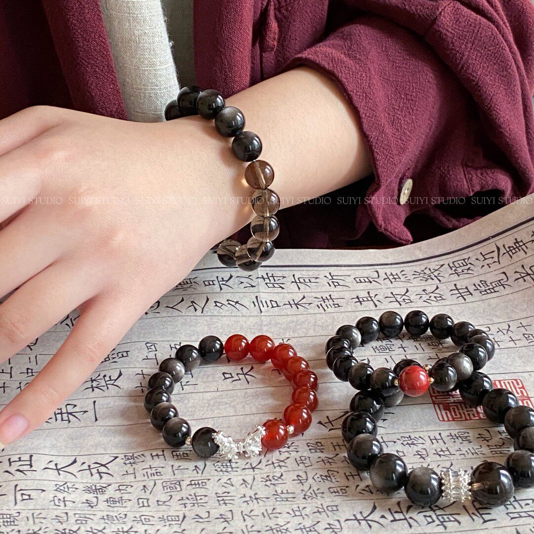 SUIYI 原创设计天然7A级双眼银曜石手串红玛瑙茶水晶闺蜜情侣手链