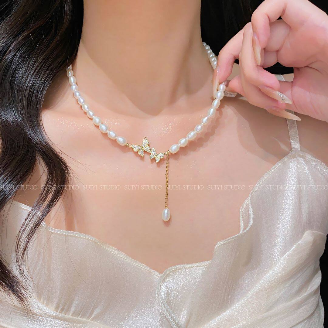 SUIYI 天然淡水珍珠项链女轻奢风高级感蝴蝶吊坠锁骨链送闺蜜礼物