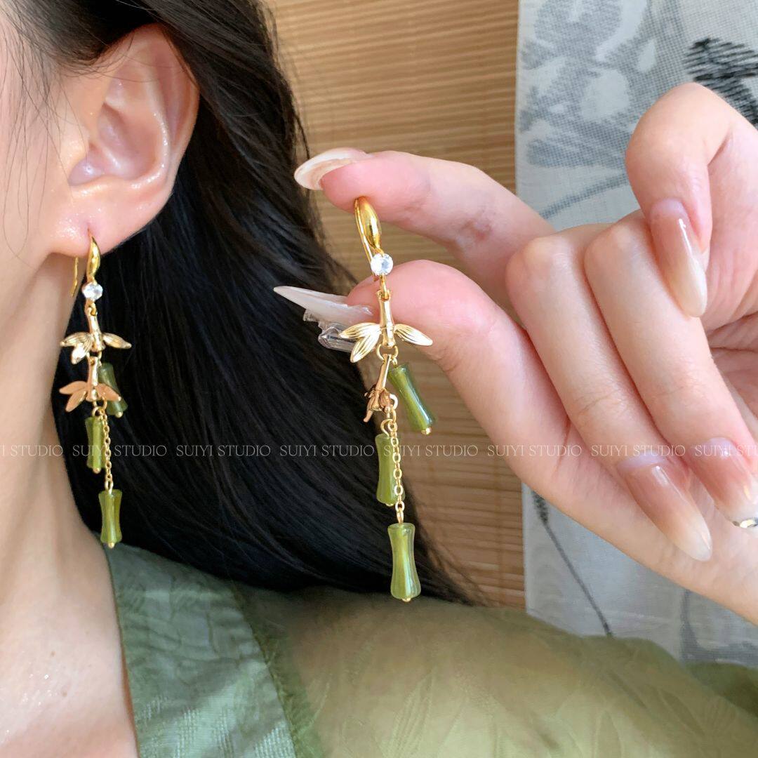 SUIYI 新中式竹节耳环女国风长款流苏耳坠小众清冷感汉服旗袍配饰