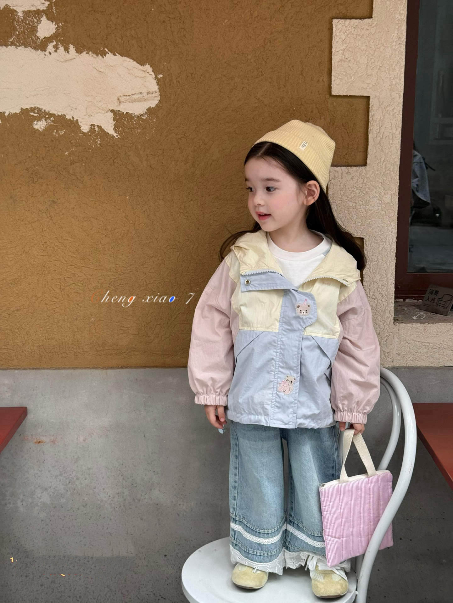 CXQ2025秋季新款女童韩版卡通小熊刺绣连帽马卡龙拼色外套