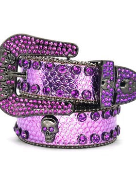 2026新款名媛御姐水钻骷髅头紫色皮带女歌手镶嵌满钻朋克时尚腰带