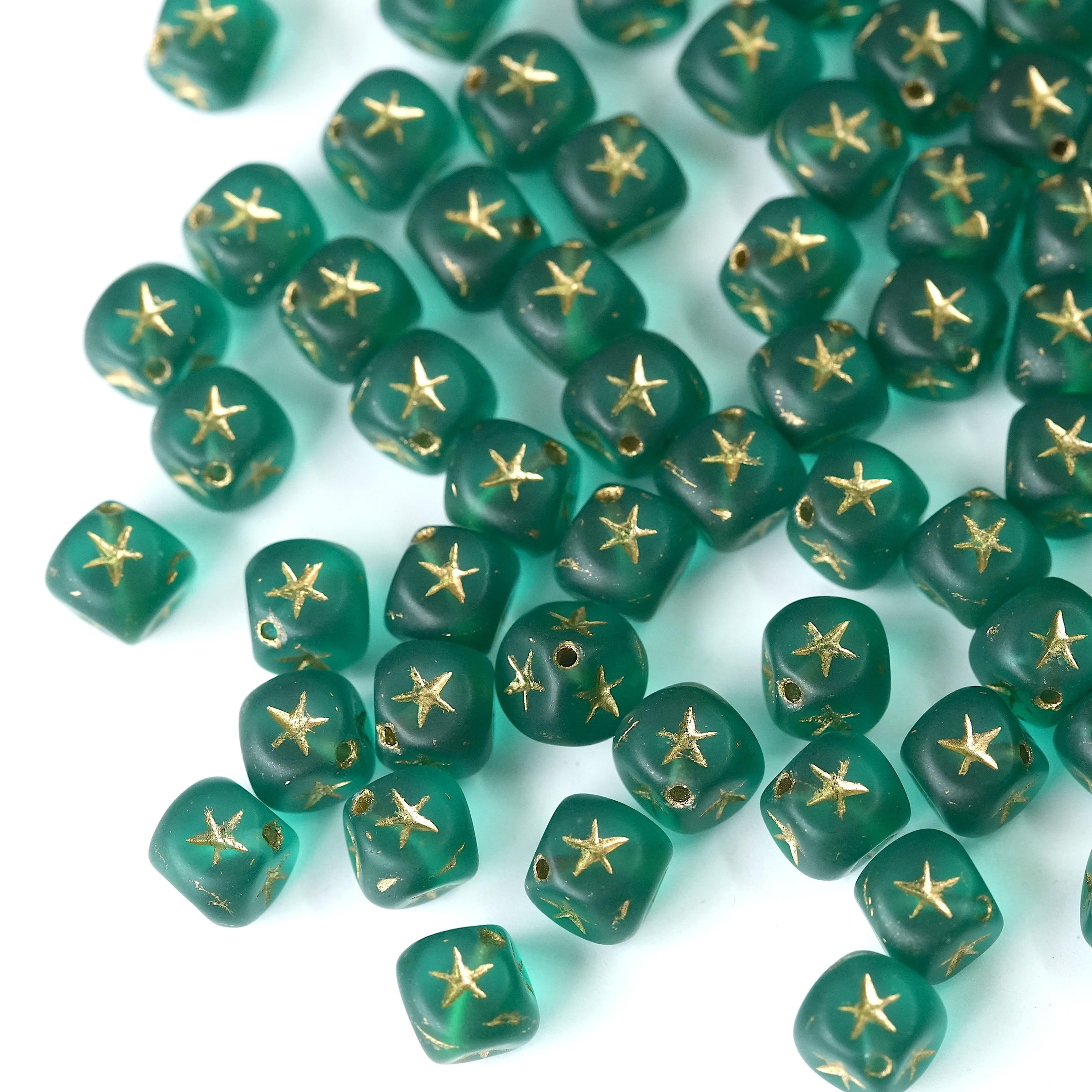 进口捷克珠7mm磨砂绿色描金五角星骰子珠手工串珠手链项链材料