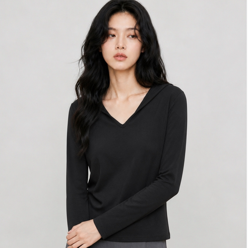 纸片人女士V领连帽羊毛打底衫秋款设计感长袖显瘦打底女SQ26037