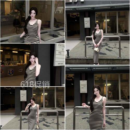 AWMUMU绝美辣妹条纹V领吊带洋装女夏季收腰显瘦复古性感长裙子
