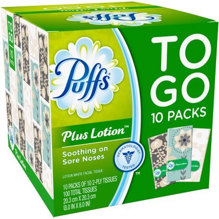 puffs plus lotion facial tissues, 10 to go packs, 10 tissue