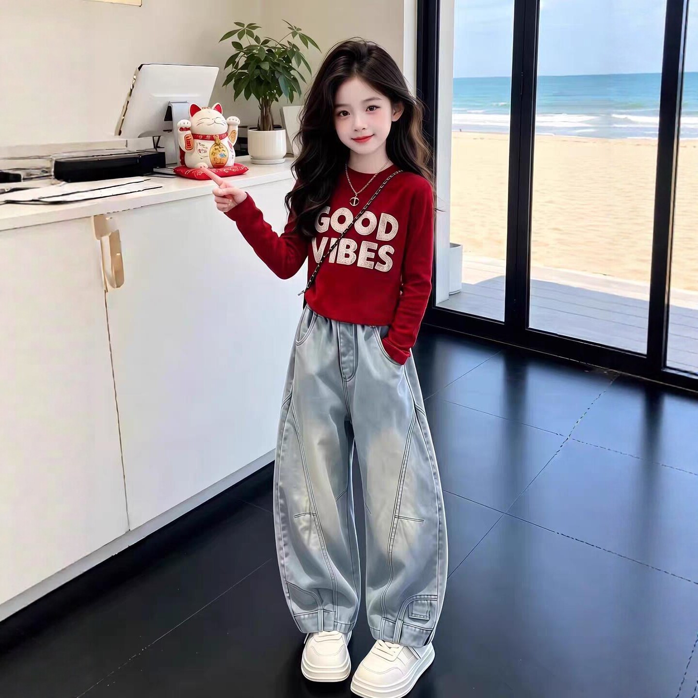 女童牛仔裤秋装2026新款休闲儿童宽松弯刀裤初中生阔腿秋季薄款潮图片