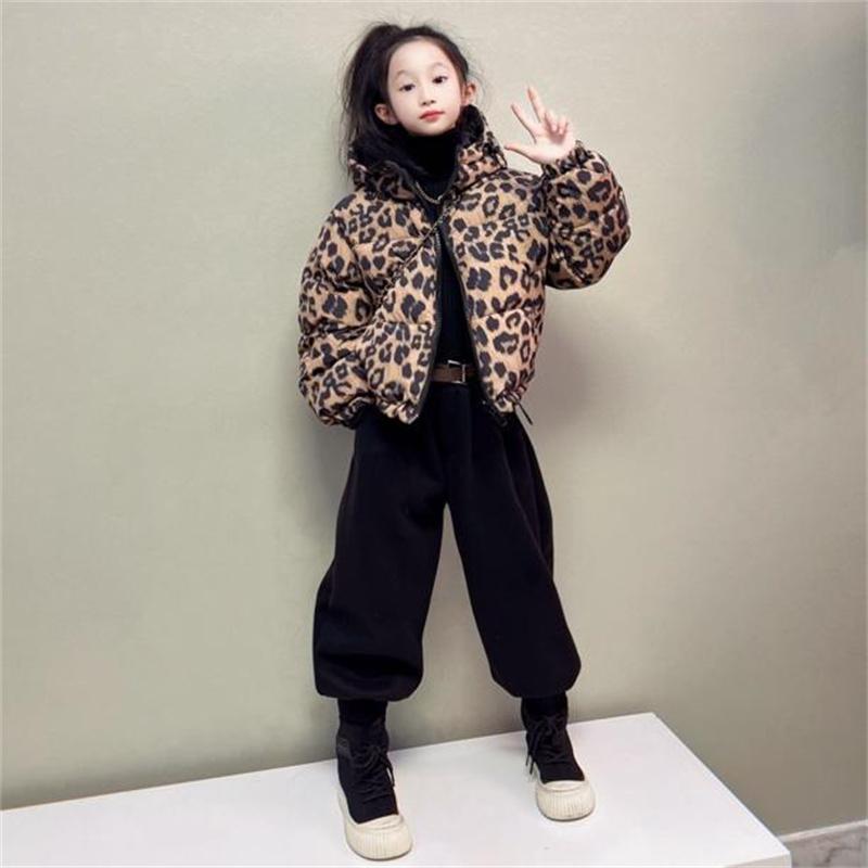 女童豹纹羽绒棉服双面穿2025款冬季韩版洋气亲子装连帽面包服外套