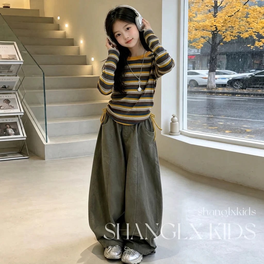 女童工装弯刀阔腿裤春秋2026款图片