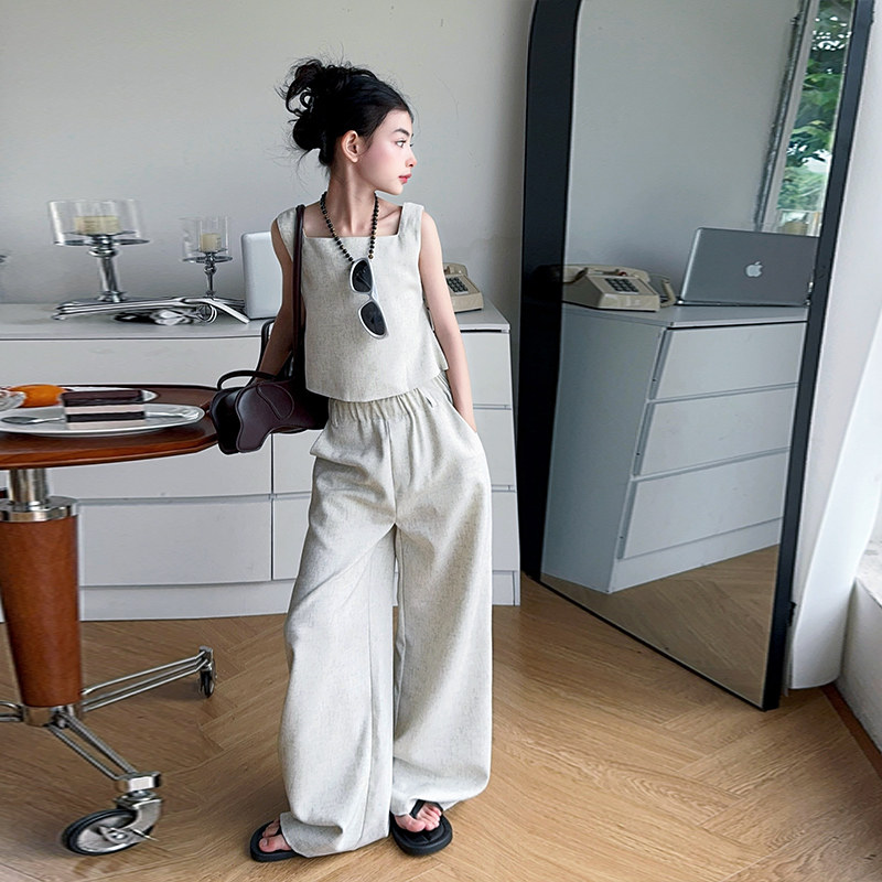 女童韩范套装2025年儿童夏装背心阔腿裤中大童夏装后背镂空两件套