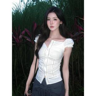 衬衫 泡泡袖 韩系高级感短袖 女夏季 显瘦收腰辣妹上衣潮 衬衣小衫 修身