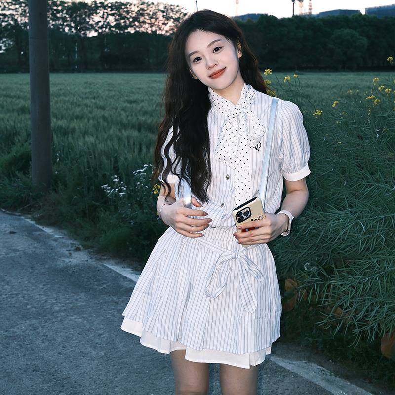NEOTCG春夏季天丝波点条纹短袖衬衫连衣裙短裙子MIU系2025新款女