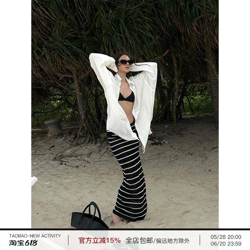 0122stepll 海魂狂想 翻折腰头条纹半身裙女辣妹修身垂感低腰长裙